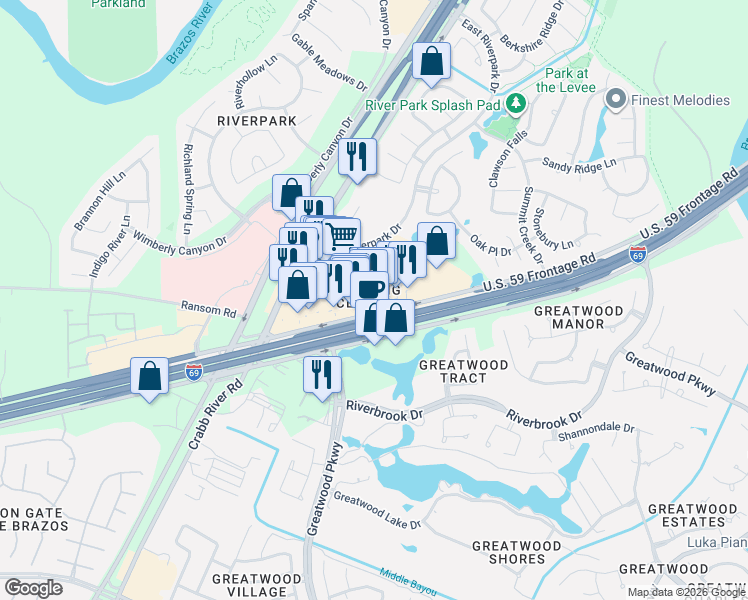 map of restaurants, bars, coffee shops, grocery stores, and more near 19828 Southwest Freeway in Sugar Land