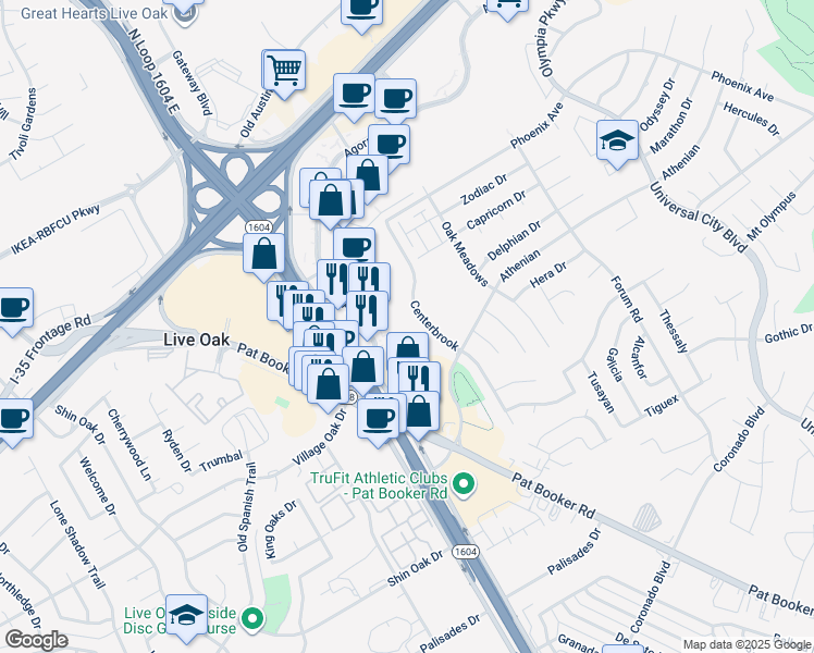 map of restaurants, bars, coffee shops, grocery stores, and more near 8098 Agora Parkway in Selma