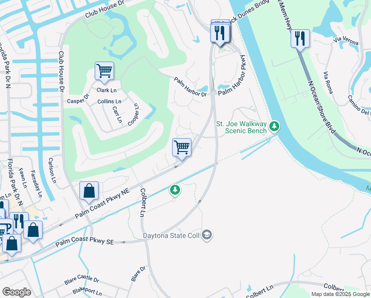 map of restaurants, bars, coffee shops, grocery stores, and more near 16 Mid Oaks Circle in Palm Coast