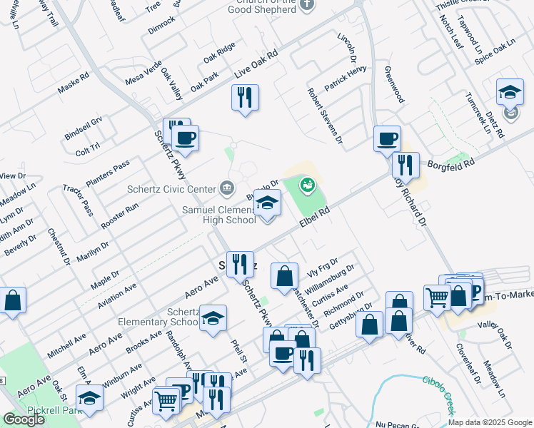 map of restaurants, bars, coffee shops, grocery stores, and more near 1001 Elbel Road in Schertz