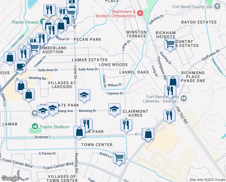 map of restaurants, bars, coffee shops, grocery stores, and more near 1708 Cypress Drive in Richmond