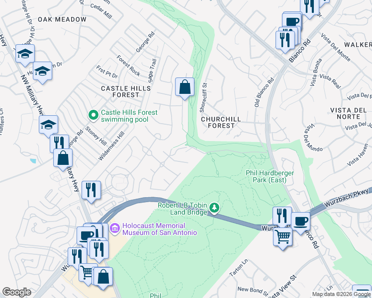 map of restaurants, bars, coffee shops, grocery stores, and more near 1035 Voelcker Lane in San Antonio