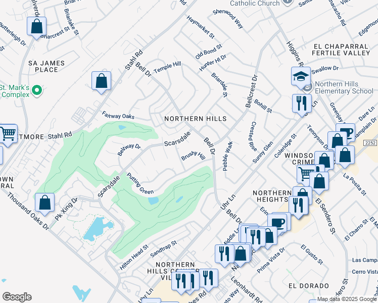 map of restaurants, bars, coffee shops, grocery stores, and more near 4423 Brushy Hill in San Antonio