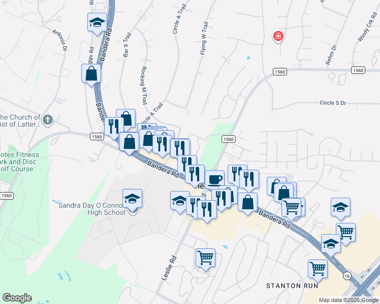 map of restaurants, bars, coffee shops, grocery stores, and more near 12770 Bandera Road in Helotes