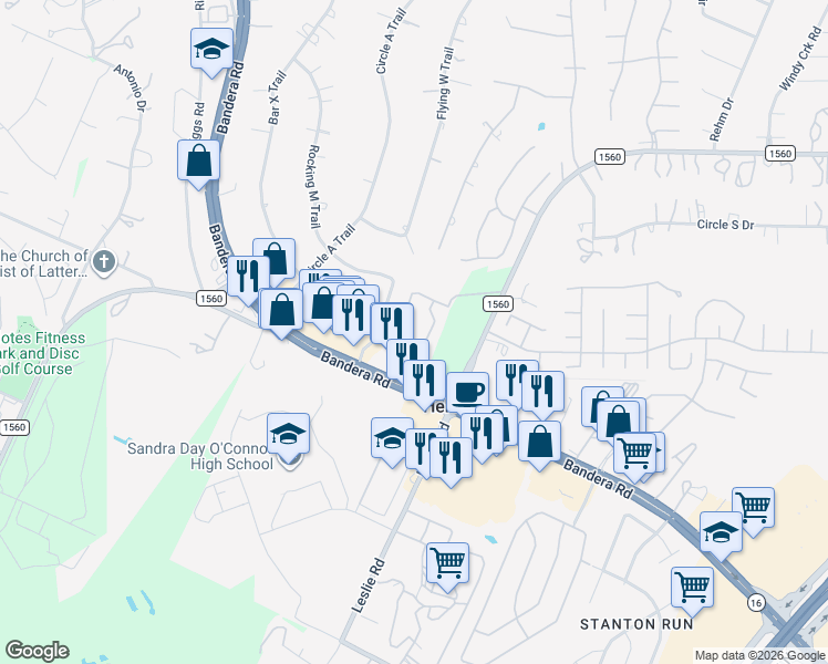 map of restaurants, bars, coffee shops, grocery stores, and more near 12770 Bandera Road in Helotes