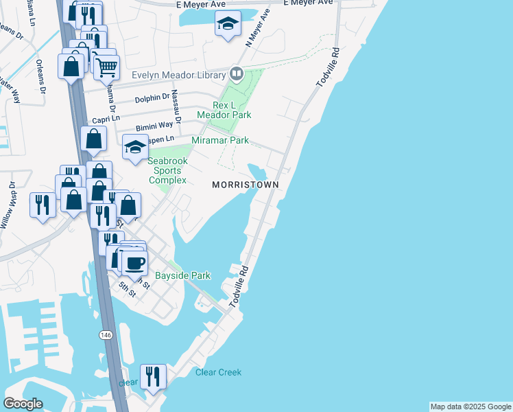 map of restaurants, bars, coffee shops, grocery stores, and more near 710 Ballentine in Seabrook