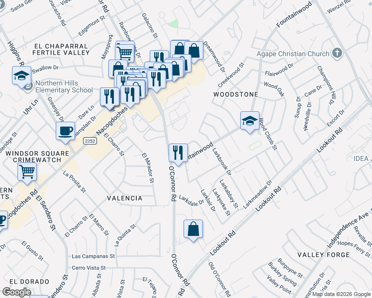 map of restaurants, bars, coffee shops, grocery stores, and more near 13507 Wakewood Street in San Antonio