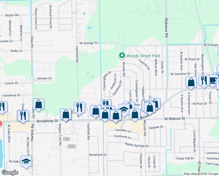 map of restaurants, bars, coffee shops, grocery stores, and more near 2406 Goodrich Drive in Pearland