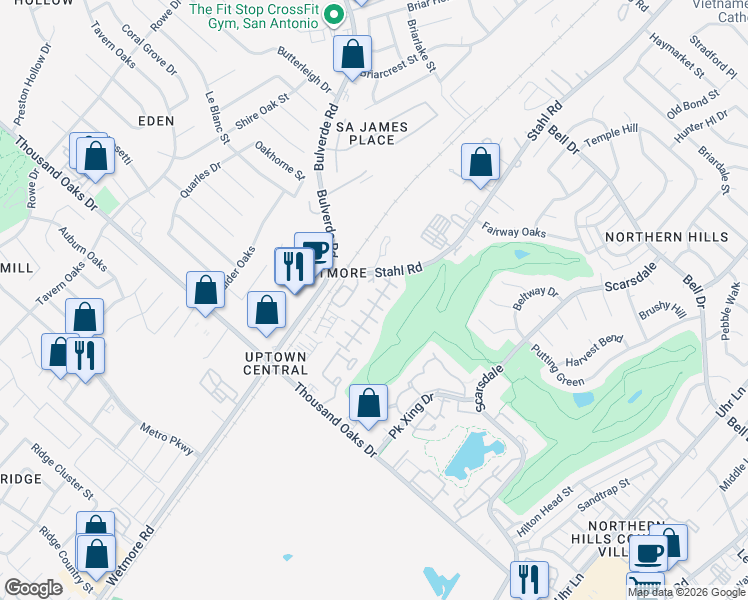 map of restaurants, bars, coffee shops, grocery stores, and more near 13421 Bristow Dawn in San Antonio
