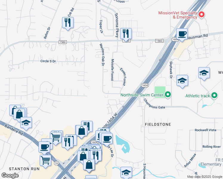 map of restaurants, bars, coffee shops, grocery stores, and more near 9011 Western View in Helotes