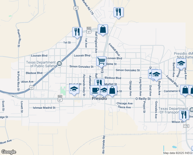 map of restaurants, bars, coffee shops, grocery stores, and more near Bledsoe Boulevard in Presidio