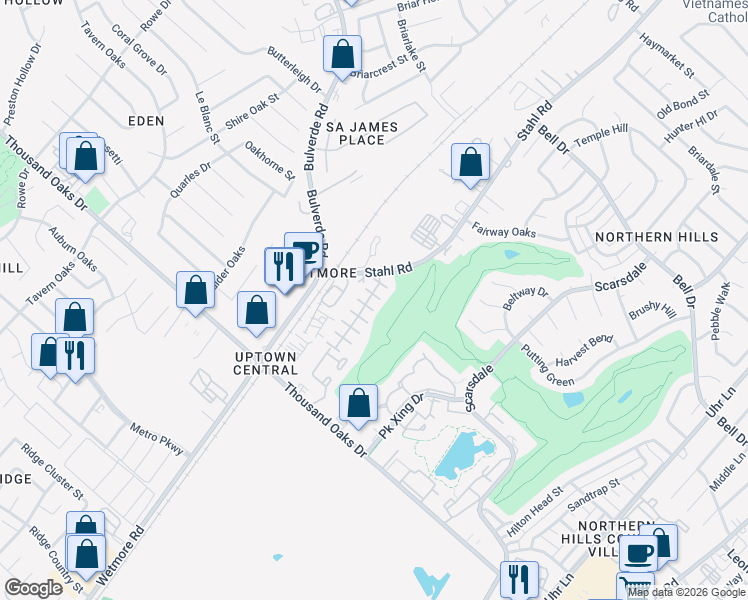 map of restaurants, bars, coffee shops, grocery stores, and more near 13510 Bristow Dawn in San Antonio
