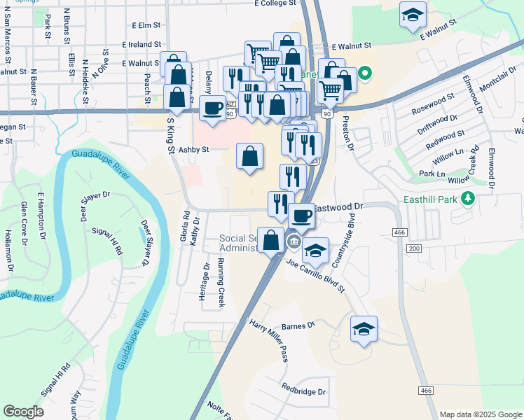 map of restaurants, bars, coffee shops, grocery stores, and more near 1317 Eastwood Drive in Seguin