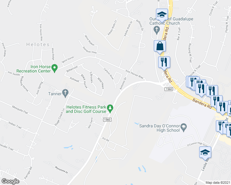 map of restaurants, bars, coffee shops, grocery stores, and more near 10303 Canyon River in Helotes