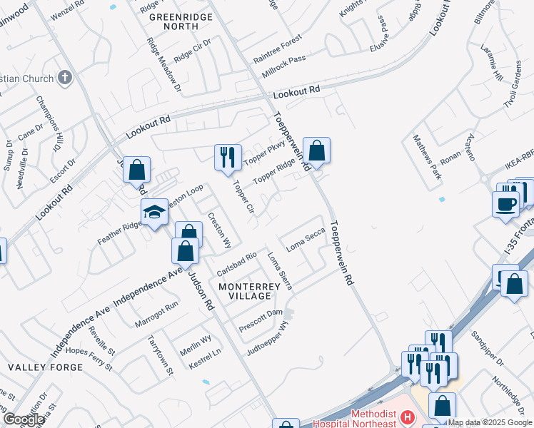 map of restaurants, bars, coffee shops, grocery stores, and more near 6610 Topper Run in San Antonio