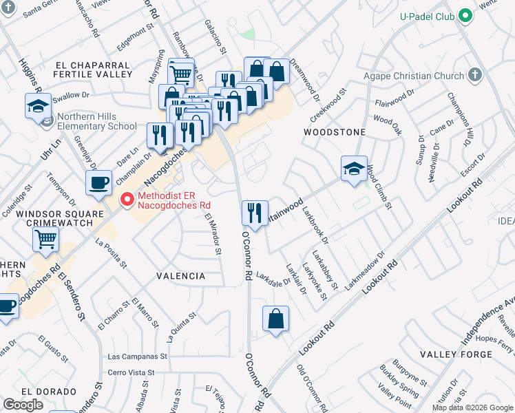map of restaurants, bars, coffee shops, grocery stores, and more near 13507 Wakewood Street in San Antonio
