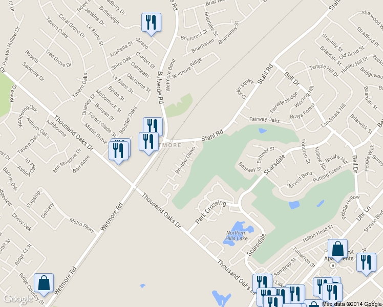 map of restaurants, bars, coffee shops, grocery stores, and more near 13510 Bristow Dawn in San Antonio