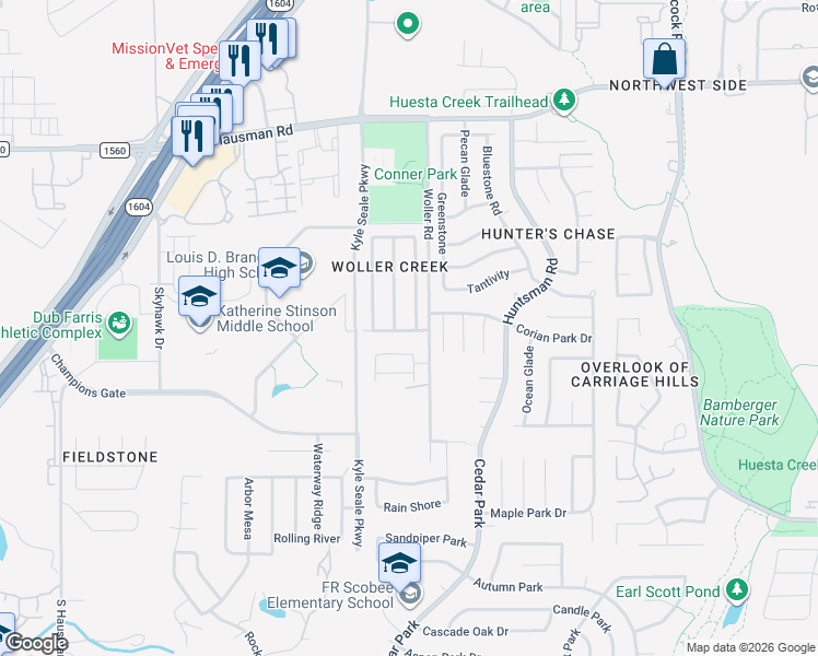 map of restaurants, bars, coffee shops, grocery stores, and more near 7602 Woller Trail in San Antonio