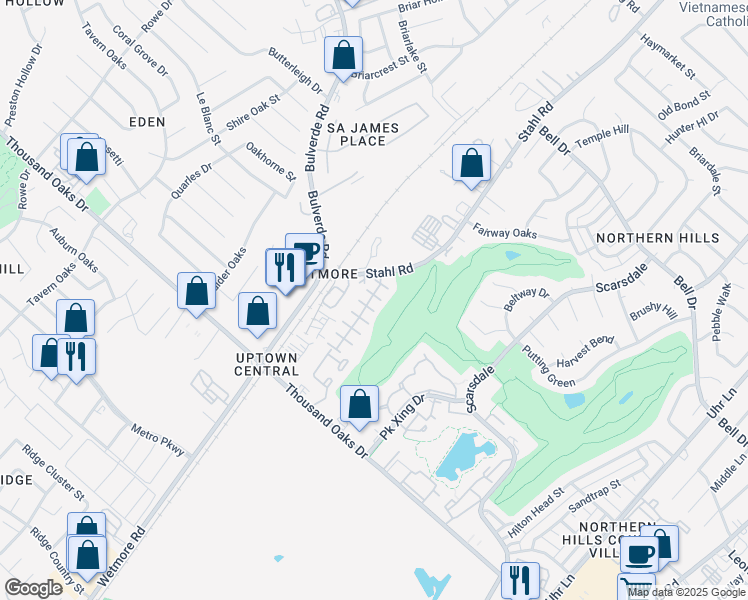 map of restaurants, bars, coffee shops, grocery stores, and more near 13510 Bristow Dawn in San Antonio