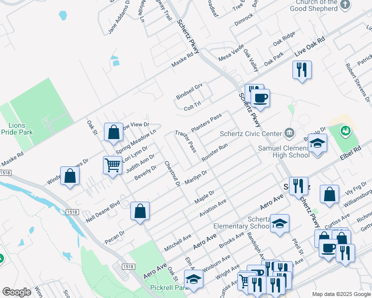 map of restaurants, bars, coffee shops, grocery stores, and more near 1329 Wagon Wheel in Schertz