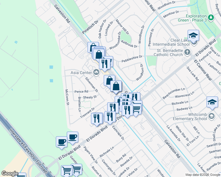 map of restaurants, bars, coffee shops, grocery stores, and more near 15450 Texas 3 in Webster