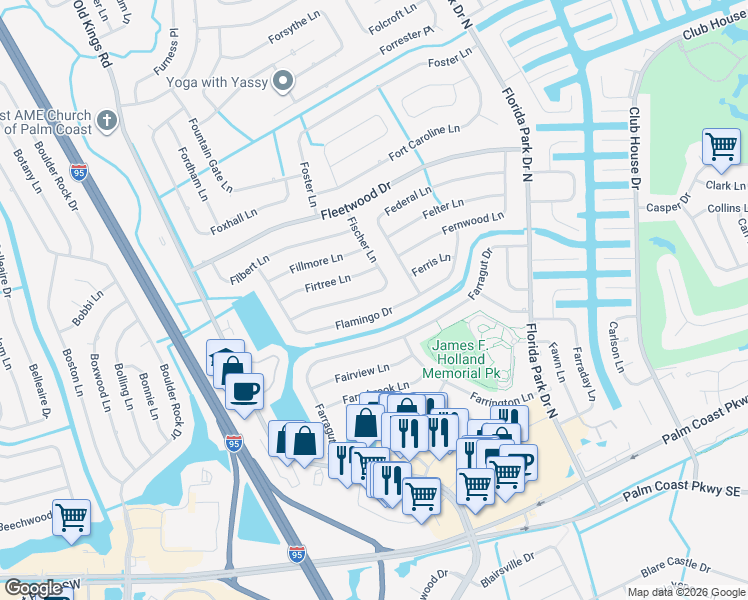 map of restaurants, bars, coffee shops, grocery stores, and more near 38 Fischer Lane in Palm Coast