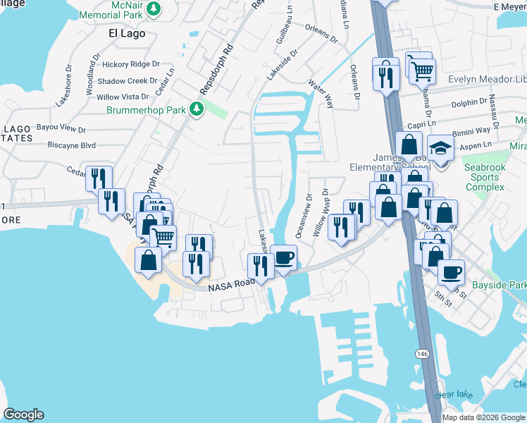 map of restaurants, bars, coffee shops, grocery stores, and more near 1904 Harbour Drive in Seabrook