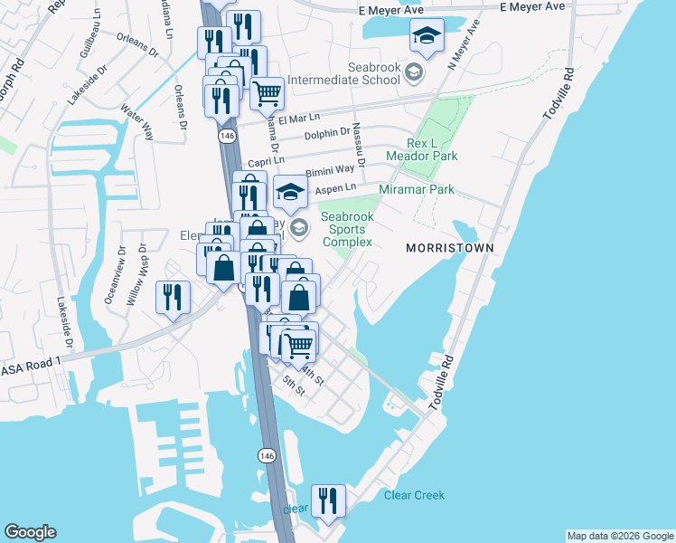 map of restaurants, bars, coffee shops, grocery stores, and more near 1318 North Meyer Avenue in Seabrook