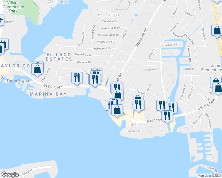 map of restaurants, bars, coffee shops, grocery stores, and more near 3324 NASA Road 1 in Seabrook