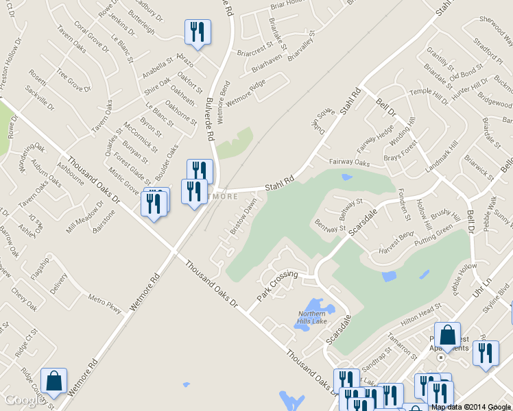 map of restaurants, bars, coffee shops, grocery stores, and more near 13510 Bristow Dawn in San Antonio