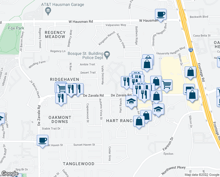 map of restaurants, bars, coffee shops, grocery stores, and more near 6067 De Zavala Road in San Antonio