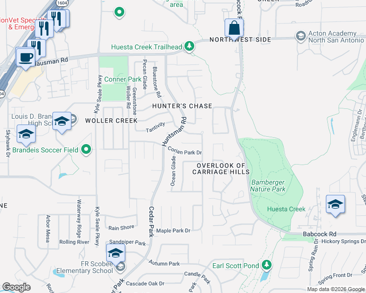 map of restaurants, bars, coffee shops, grocery stores, and more near 7362 Corian Park Drive in San Antonio