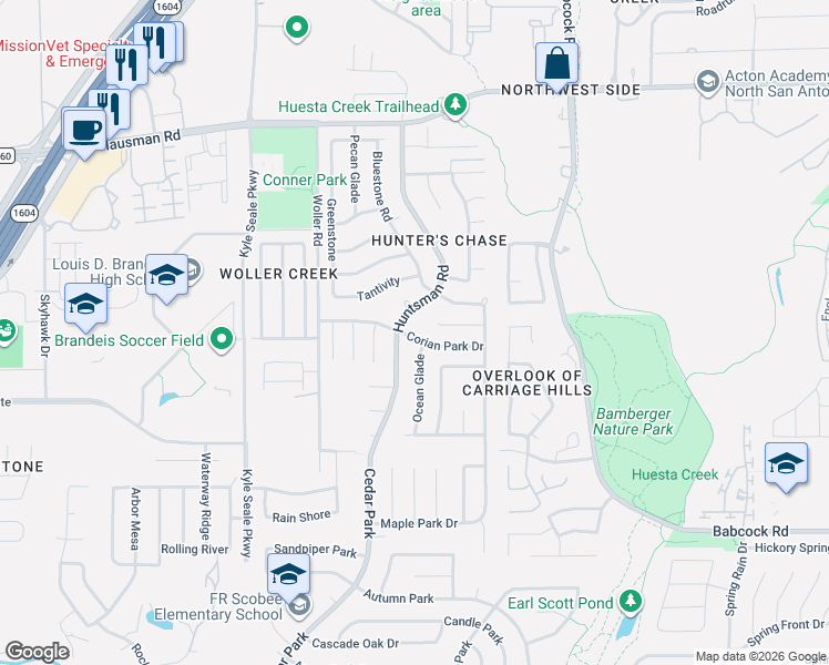 map of restaurants, bars, coffee shops, grocery stores, and more near 7362 Corian Park Drive in San Antonio