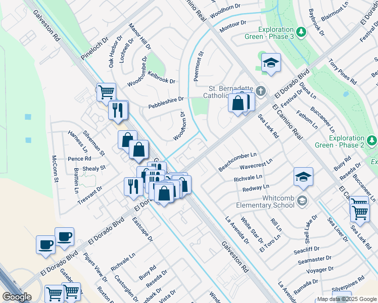 map of restaurants, bars, coffee shops, grocery stores, and more near 707 El Dorado Boulevard in Houston