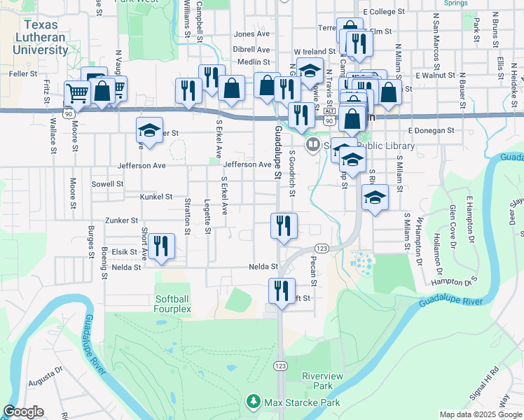 map of restaurants, bars, coffee shops, grocery stores, and more near 717 South Saunders Street in Seguin
