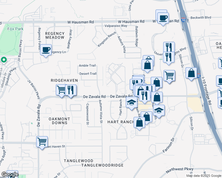 map of restaurants, bars, coffee shops, grocery stores, and more near 6067 De Zavala Road in San Antonio