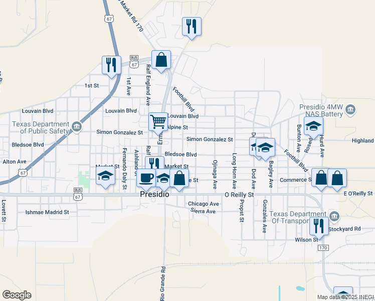 map of restaurants, bars, coffee shops, grocery stores, and more near Bledsoe Boulevard in Presidio