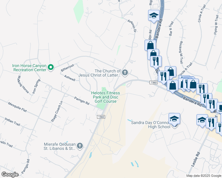 map of restaurants, bars, coffee shops, grocery stores, and more near 10303 Canyon River in Helotes