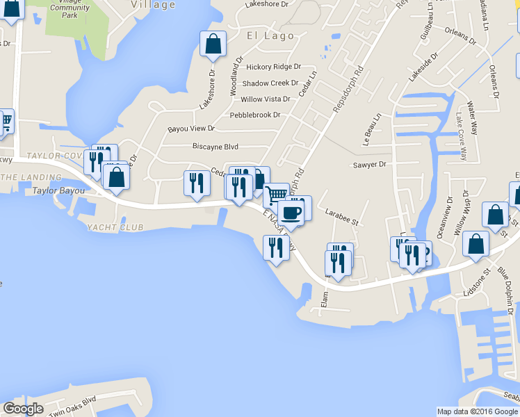 map of restaurants, bars, coffee shops, grocery stores, and more near 3422 East Nasa Parkway in Seabrook