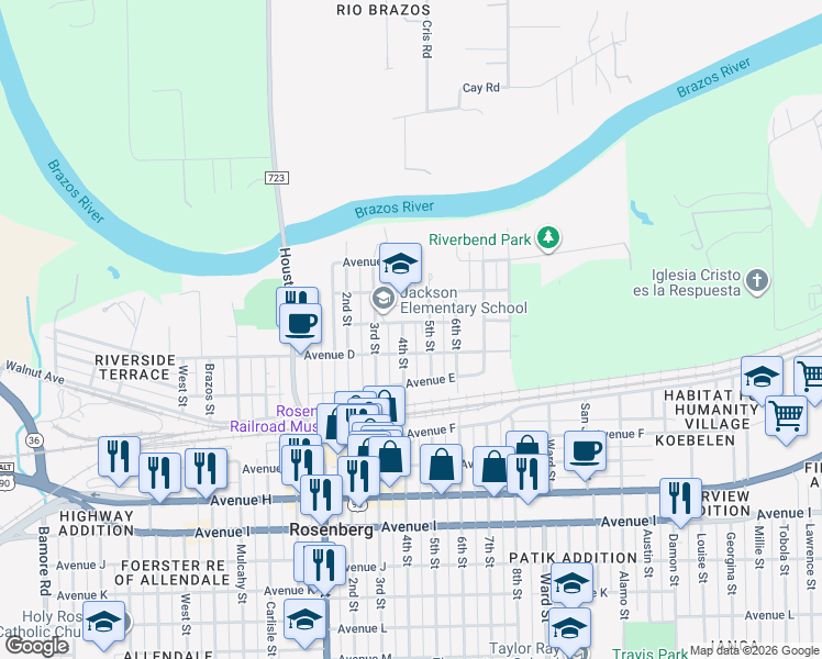map of restaurants, bars, coffee shops, grocery stores, and more near 418 5th Street in Rosenberg