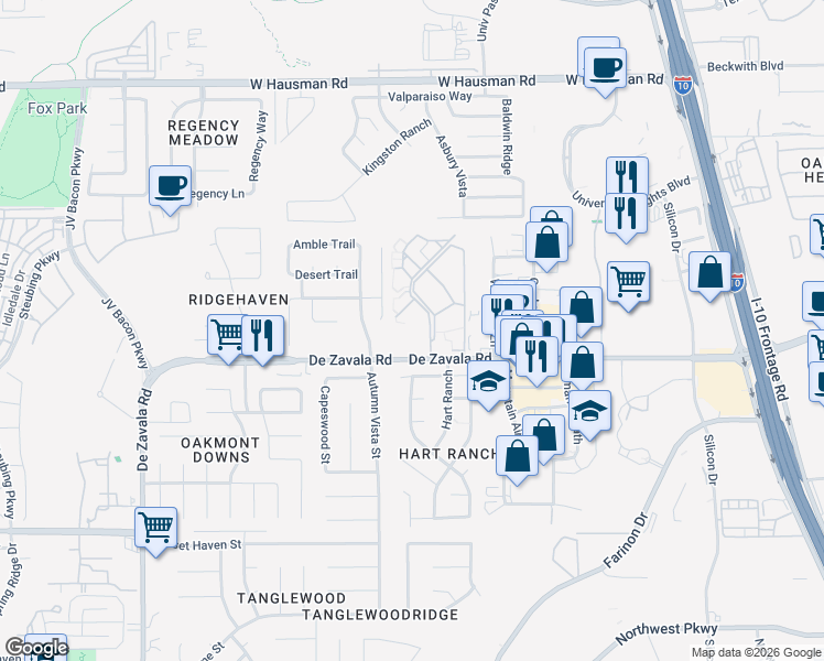 map of restaurants, bars, coffee shops, grocery stores, and more near 6067 De Zavala Road in San Antonio