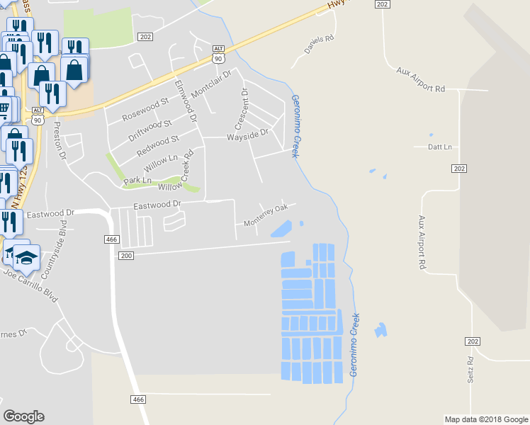 map of restaurants, bars, coffee shops, grocery stores, and more near Monterrey Oak in Seguin