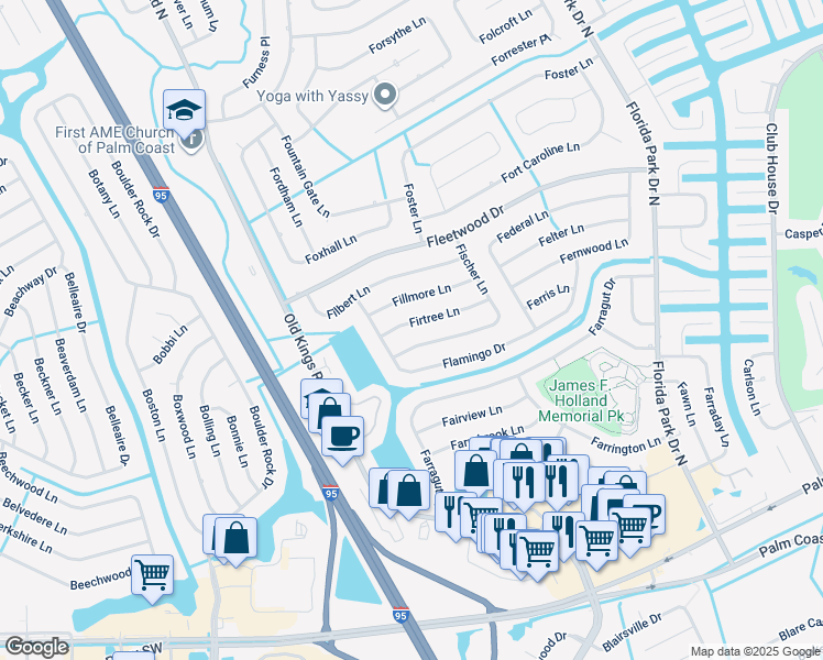 map of restaurants, bars, coffee shops, grocery stores, and more near 57 Fischer Lane in Palm Coast
