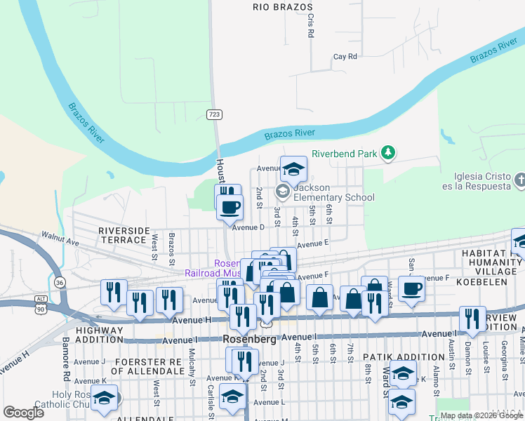 map of restaurants, bars, coffee shops, grocery stores, and more near 414 2nd Street in Rosenberg