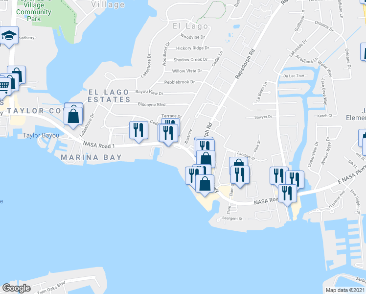 map of restaurants, bars, coffee shops, grocery stores, and more near 3420 East Nasa Parkway in Seabrook