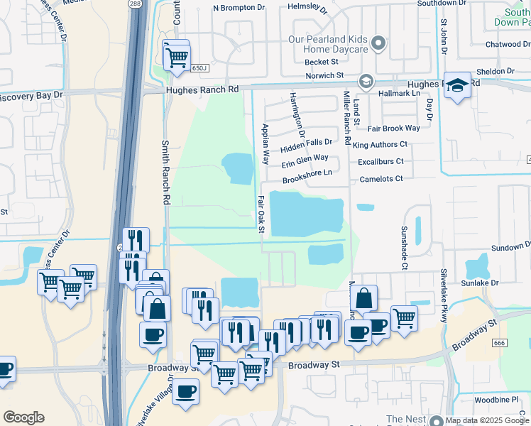 map of restaurants, bars, coffee shops, grocery stores, and more near 2519 Fair Oak Street in Pearland