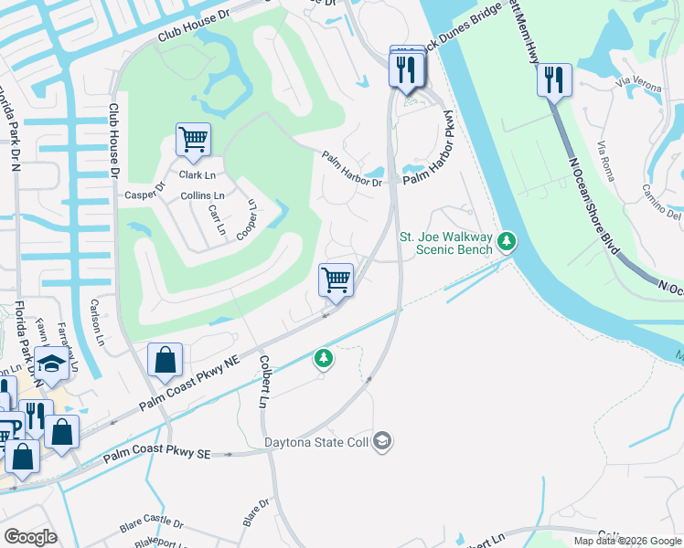 map of restaurants, bars, coffee shops, grocery stores, and more near 24 Mid Oaks Circle in Palm Coast