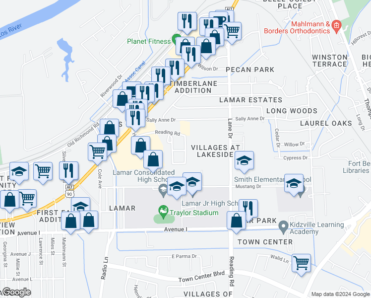 map of restaurants, bars, coffee shops, grocery stores, and more near 4721 Reading Road in Rosenberg
