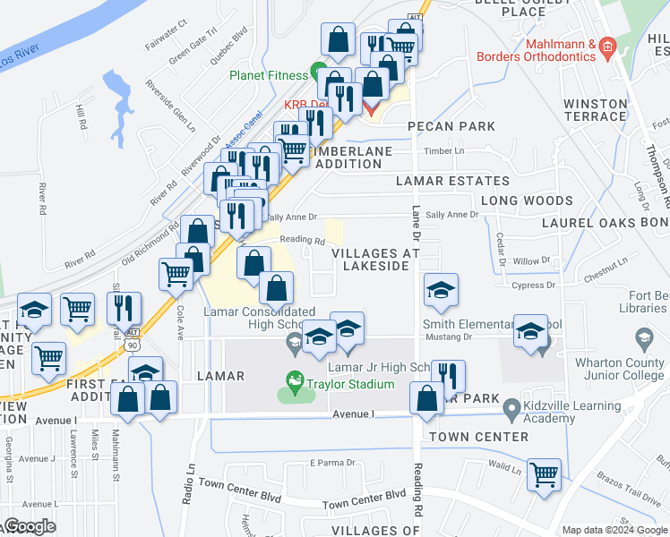 map of restaurants, bars, coffee shops, grocery stores, and more near 4718 Reading Road in Rosenberg