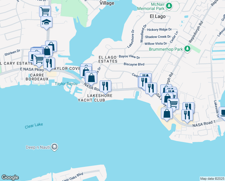 map of restaurants, bars, coffee shops, grocery stores, and more near 3813 East Nasa Parkway in El Lago